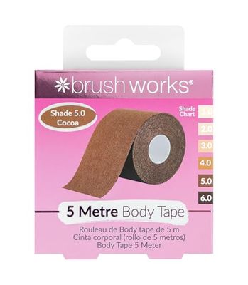 Brushworks Body Tape Shade 5.0 Cocoa – Nude Stretchy Body & Breast Lift Tape for Long-Lasting Support & Invisible Hold, 5m Roll, Comfortable & Skin-Friendly Bra Tape, Vegan & Cruelty-Free