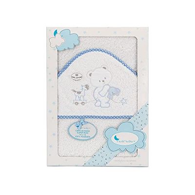 Interbaby 01222-11 Baby ręcznik kąpielowy z kapturem OSO CONEJO CARRITO, biały e niebieski, niebieski