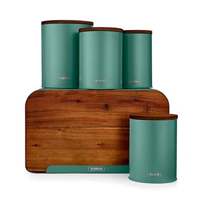Tower T826140JDE Scandi 5 Piece Acacia Wood Storage Set with Bread Bin, Biscuit Barrel, Canisters, Jade