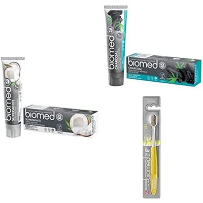 Biomed Superwhite Natural Coconut Toothpaste for Gentle Whitening, Tropical flavour + Charcoal Natural Toothpaste + Complete Care Toothbrush