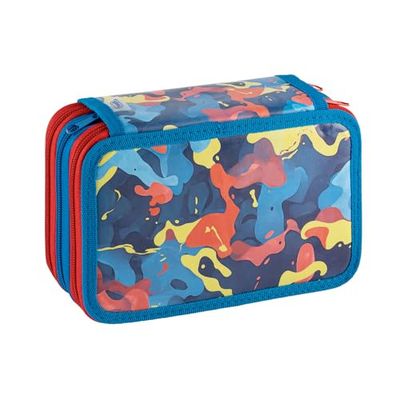 Favorit Estuche escolar con 3 compartimentos para la escuela, incluye papelería, 20 x 13 x 7,5 cm, camuflaje azul