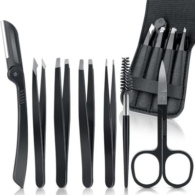 7 Set Pinzetta Sopracciglia Professionale, Romon Portatile Acciaio Inossidabile Pinzetta Sopracciglia, Pinzette di Precisione con Rivestimento Antiscivolo per Ciglia, Peli Incarniti, Peli della Barba