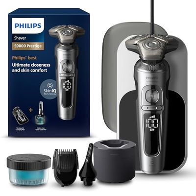 Philips Rasoio Elettrico Serie 9000 Prestige, secco e umido, cromo brillante, rasatura Lift & Cut, tecnologia SkinIQ, regolabarba, rifinitore per il naso, base di ricarica Qi, modello SP9885/35