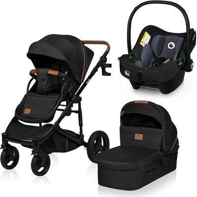 LIONELO MARI TOUR 3en1 Poussette Canne Bébé jusqu'à 22 kg Nacelle Siège-auto Réglage du Dossier Pliable Ceintures à 5 points, Roues Tout Terrain 360° Poussettes Combinées (Black)