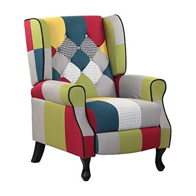 WeHome Fauteuil relax inclinable avec assise ergonomique en tissu, fauteuil lit, dossier réglable, fauteuil inclinable pour ameublement, salon et bureau (Patchwork, Patchwork)