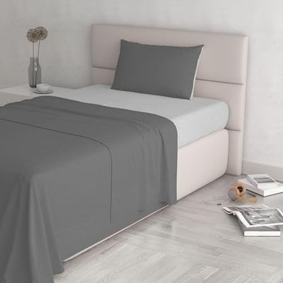 Italian Bed Linen Sängset i naturlig färg (platt 150 x 300, dra-på-lakan 90 x 200 cm + örngott 52 x 82 cm), bensinflaska grön, 100% bomull, ljusgrå/rök, enkel