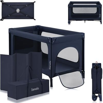 lionelo Jasmin Easy FoldCuna de Viaje para Niños de hasta 15 kg de 0 a 36 Meses Colchón de Espuma T25, 2 Niveles de Altura, Easy Fold, Entrada Lateral, Ruedas (Blue Navy)