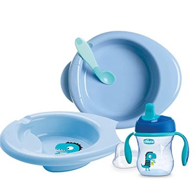 Chicco Conjunto de louça de silicone para bebé, conjunto de utensílios infantis para desmame com prato térmico, prato comer fácil, copo de aprendizagem para bebé e colher de silicone, louça infantil 6