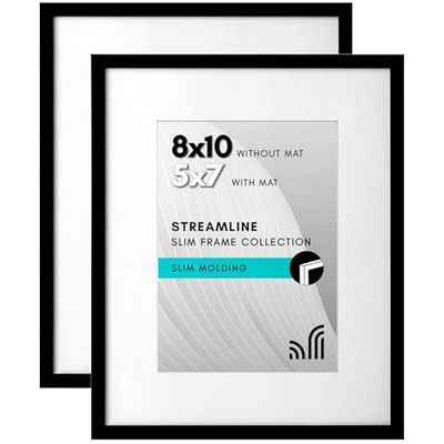 Americanflat 10x8 Photo Frames with Shatter-Resistant Glass - Set of 2 - Use as 7x5 Photo Frames with Mount or 8x10 without Mount - Thin Picture Frames for Wall and Tabletop Display - Black