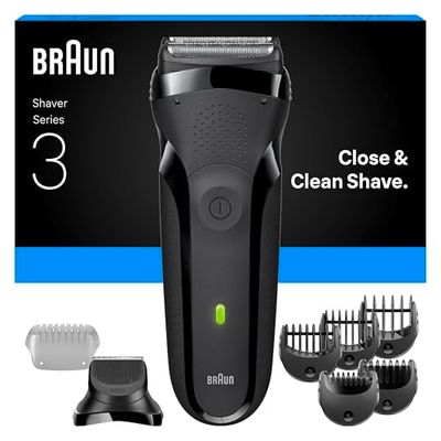 Braun Series 3 Electric Shaver, 3 Flexible Blades, Beard Trimmer Attachment, +5 Combs, Dry Razor for Men, Designed in Germany, 300BT, Grey