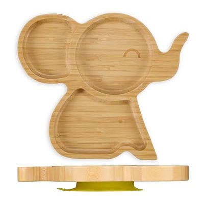 Relaxdays vakjesbord, bamboe, olifant design, kinderbord met zuignap, 3 vakken, antislip babybordje, BPA-vrij, natuur