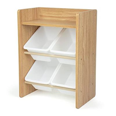 Humble Crew Étagère, Étagère et Organisateur de Jouets avec 4 boîtes de Rangement, Bois Naturel/Blanc