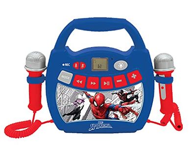 Lexibook, Spider-Man, Mon premier lecteur musical karaoké portable, 2 Micros, Effets lumineux Bluetooth changement de voix Batteries rechargeables, bleu, MP320SPZ