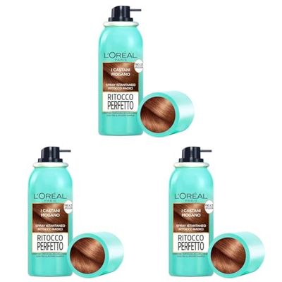 L'Oréal Paris Spray Ritocco Perfetto, Spray Istantaneo per Radici e Capelli Bianchi, Durata fino a 1 Shampoo, Colore: Castano Mogano, 75 ml (Confezione da 3)