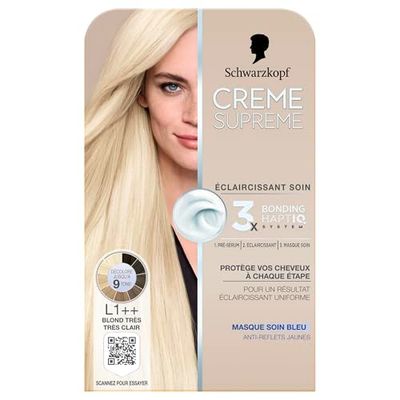 Schwarzkopf - Coloration Permanente - Creme Supreme - Resultat Uniforme - Pre-serum - Eclaircissant - Masque Soin Bleu - Anti-Reflet Jaunes - Decolore jusqu'à 9 tons - L1++ - Blond Très Très Clair