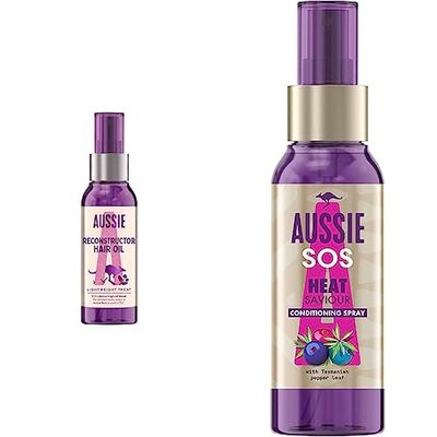 Aussie Leave In-Reconstructor Hair Oil with Avocado,Joboba and Macadamia Nut Oil + Heat Protection Spray with Tasmanian Pepper Leaf : For Dry Damaged Hair(2x100ml)