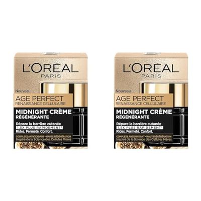 L'Oréal Paris - Midnight Crème Age Perfect Renaissance Cellulaire - Crème de Nuit Régénérante Anti-Âge - Soin Visage Anti-Rides, Fermeté, Confort - Tous Types de Peaux - 50 ml (Lot de 2)