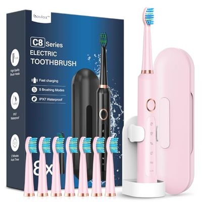 Spazzolino Elettrico Spazzolini Elettrici - Coulax Sonico Spazzolino da Denti Elettrico Spazzolino da Viaggio Ricaricabile Denti Ricaricabile con 8 Testine, Custodia, 5 Modalità Rosa Chiaro