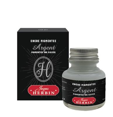Jacques Herbin - Ref 13505T - Pigmented Ink for Fountain Pens or Quills - Pigmented Silver Ink - 30ml Bottle - Resistant to Light & Humidity, Suitable for Use with Dark Paper