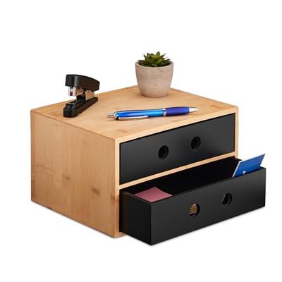 Relaxdays Organisateur Bureau, 2 tiroirs, Bambou & MDF, HxLxP : 15x25x20 cm, Rangement pour ustensiles, Nature - Noir