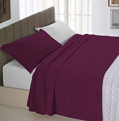 Italian Bed Linen Natural Colour Bed Sheet Set, Linen Cotton, Plum/Light Grey, Double