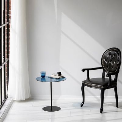 Hanah Home Stylish side Table, 50 cm x 50 cm x 50 cm | 100% härdat glastopp & 100% metallram | Black & Blue | Perfekt för moderna vardagsrum och kontor