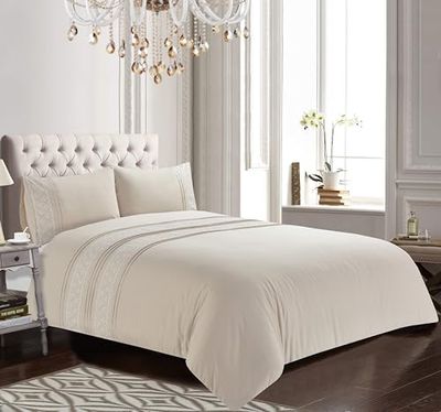 Rapport home Charlotte - Parure de lit brodée - Élégante et Douce - Beige avec Broderie Florale délicate - Housse de Couette et taies d'oreiller faciles d'entretien (Taille Superking Size)