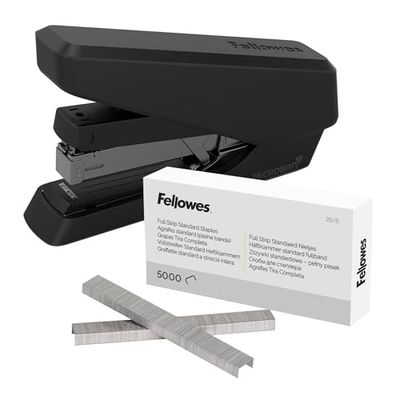 Fellowes Jam Free Stapler, 40 Sheet Capacity - LX870 EasyPress Full Strip Antibacterial Manual Stapler - Black + Fellowes Staples 26/6mm for Full Strip Staplers – Box of 5000, 1 Pack – Silver