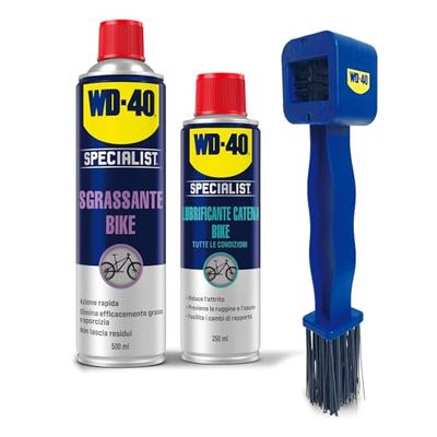 WD-40 - Specialist - Kit Manutenzione Catena Bike - 1 Sgrassante Spray 500ml + Lubrificante Catena Tutte le Condizioni 250ml + Spazzola a 4 lati per la pulizia della catena