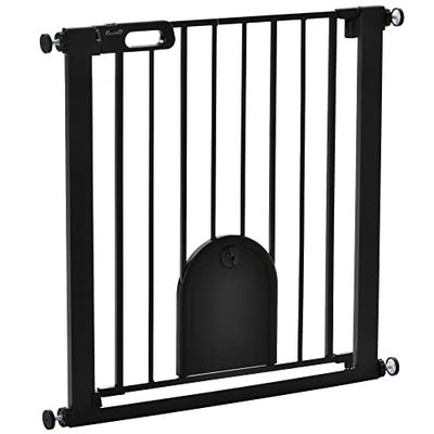 PawHut 75-82 cm Pet Safety Gate Pressure Fit Stair w/Small Door Double Locking
