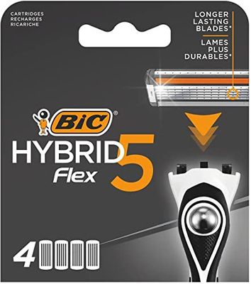 BIC Hybrid 5 Flex - Recambios de maquinilla de afeitar para hombre con 5 cuchillas móviles de titanio Nano-Tech - Caja de 4 cartuchos