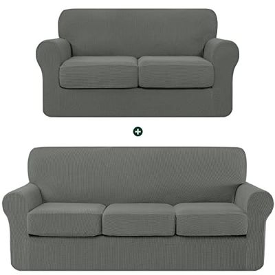 CHUN YI Ensemble de Housses de canapé Extensibles pour canapé et Causeuse avec Coussin séparé pour canapé 2 ou 3 Places (Gris Tourterelle, Housses pour canapé et Causeuse)