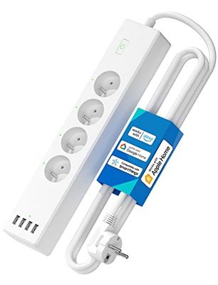 Regleta conectada (Tipo E), 16A Regleta WiFi Compatible con Apple HomeKit, Alexa y Google Home (4 Tomas de CA y 4 Puertos USB), Regleta Inteligente con Control de Voz y Control Remoto