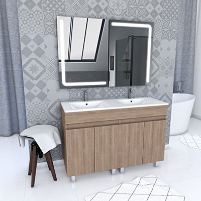 Ensemble Meuble de salle de bain chene celtique 120cm sur pied + vasque ceramique blanche + miroir