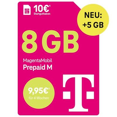 Telekom MagentaMobil Prepaid M con 8 GB de volumen de alta velocidad I Navegación con 5G/LTE Max & Allnet Flat (min, SMS) en todas las redes dt. Transporte de datos I Basic Roaming & Hotspot Flat I 10