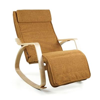 Brigros WeHome Swing Amor Fauteuil à Bascule avec accoudoirs en Bois, Rocking Chair, Fauteuil à Bascule avec Repose-Pieds réglable, Fauteuil Salon, Chaise de Chambre à Coucher (Bouclé, Ocre)