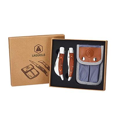 Laguiole - Set of 2 Folding Knives with Case - Ideal for the Garden - Pakka Wooden Handles - Brown