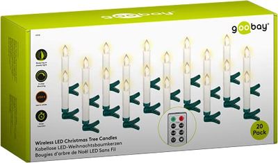 goobay 53942 Draadloze led-kerstboomkaarsen met timerfunctie, led-kaarsen met afstandsbediening, flikkerende vlam, elektrische kaarsen, boomkaarsen, set van 20, wit