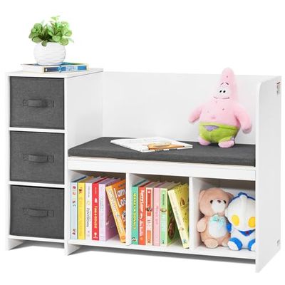 VEVOR Banc de Lecture pour Enfants, Meuble de Rangement avec Coussin de Siège Amovible, Bibliothèque pour Chambre d’Enfants à 6 Compartiments, 3 Tiroirs, pour Salle de Jeux, Salon Entrée, Blanc