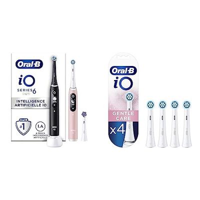 Oral-B IO 6 Brosses À Dents Électriques Lot De 2 Noire Et Rose, Manches avec Écran Noir Et Blanc Connectés Bluetooth, 3 Brossettes & IO Gentle Care, Embout, Pack de 4 Brossettes de Rechange, Blanc