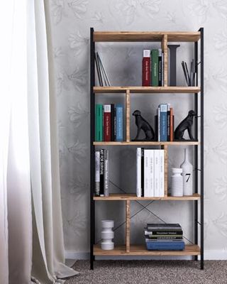 Hanah Home Moderne industriële boekenplank, bruin en zwart, 78 x 150 x 26 cm, 100% melamine gecoat deeltjesbord, 18 mm dik, stevig metalen frame, stijlvolle opbergoplossing