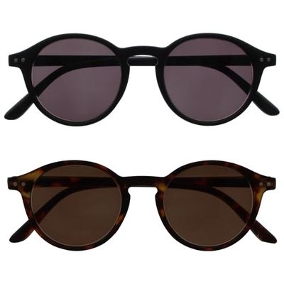 OPULIZE REY Gafas de Lectura Solares - Pack de 2 - Montura Redonda Retro - Negro Mate, Carey Marrón - Hombre Mujer - Bisagras de Muelle - SS56-12 - +2.50