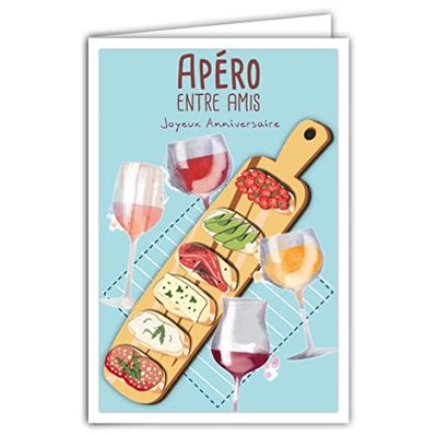 69-4307 Carte Joyeux Anniversaire avec Enveloppe - Affichette Mini Posters Format 17x11,5cm - Apéro Pique-nique Amis Boire Verres de Vin Planche Saucisson Fromage Bruschetta Toasts Rétro Vintage