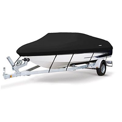 MSC Heavy Duty 600D Marine Grade Tela di Poliestere Impermeabile Trailerable Boat Cover, Pacific Blue, Adatto a v-Hull, Tri-Hull Runabout Boat Cover, Full Size Copertura Barca, Black