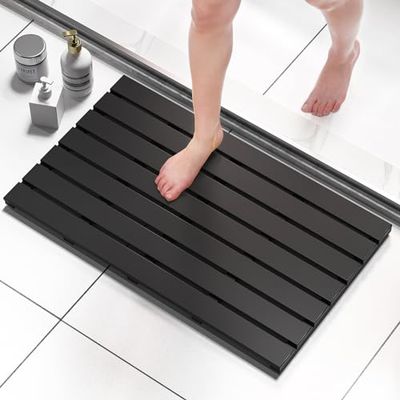 Domax Alfombrilla de Ducha de Madera de bambú, Antideslizante, Impermeable, Grande, para Interiores y Exteriores, Color Negro, 31.3 x 18.1 x 1.5 Pulgadas