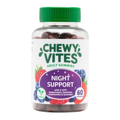 Chewy Vites Adult Night Support, 60 Non-Melatonin Gummies with 5-HTP, Magnesium, Theanine, Chamomile, Lavender, Herbal Night Time Gummies, 1 Months Supply, Berries Flavour