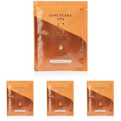 Sanctuary Spa Salt Body Scrub, Natural Sea Salt, Body Exfoliator Vegan and Cruelty Free, 60g Sachet, Orange (Pack of 4)