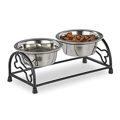 Relaxdays Porte-gamelles pour Chiens et Chiots, 2 écuelles, chacune ayant Un Volume de 300 ML, Noir/argenté