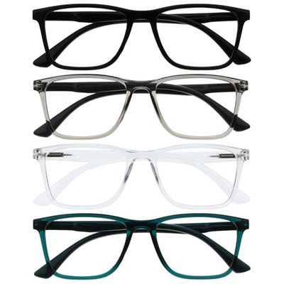 OPULIZE NYX Blue Light Blocking Reading Glasses - Anti-Glare Computer and Gaming Eyewear - 4 Pack - UV and Eyestrain Protection - Rectangular Frame - Black Grey Clear Turquoise - Men Women - + 2.50
