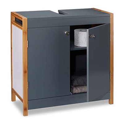 Relaxdays Meuble Dessous de Lavabo, Bambou, Meuble Sous Vasque, Evier salle de bains, H x L x P : 60 x 60 x 29 cm, gris